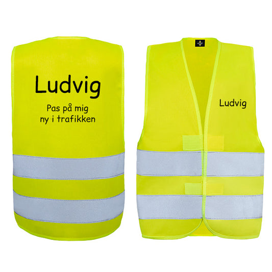 refleksvest til barn med navn og tekst trykt på. Design selv trafikvest til børn